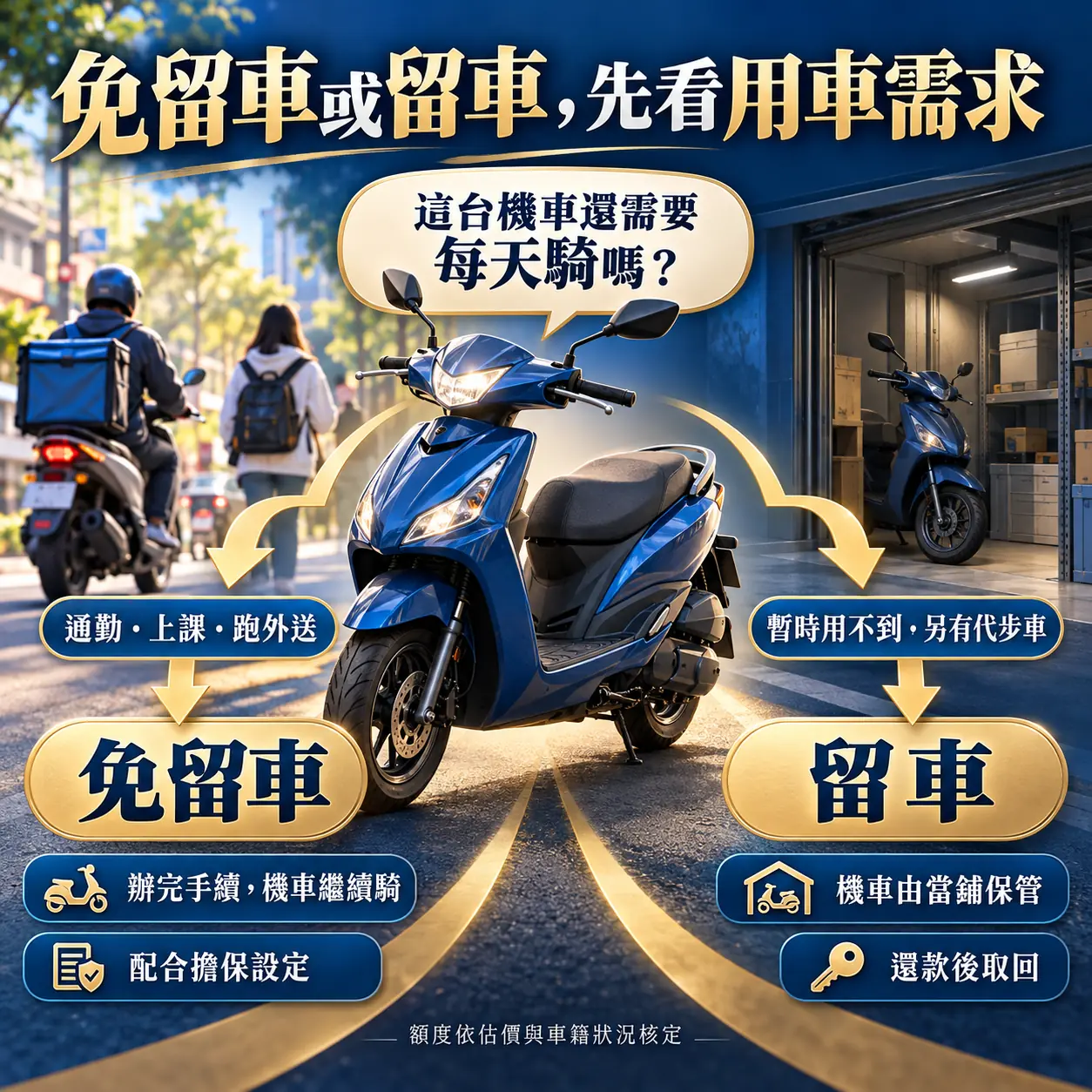 依機車日常使用需求選擇免留車或留車：通勤與外送者辦完繼續騎，暫時不需用車者可選當舖保管。