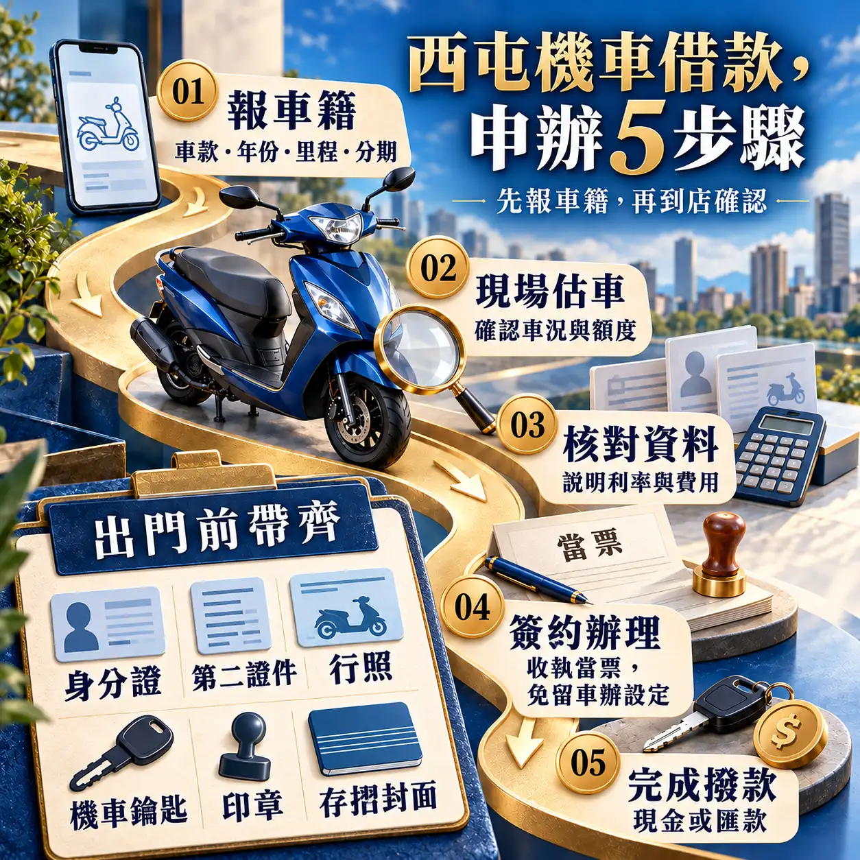 西屯機車借款五步驟：報車籍、現場估車、核對資料、簽約辦理及完成撥款，並列出出門前應備文件。